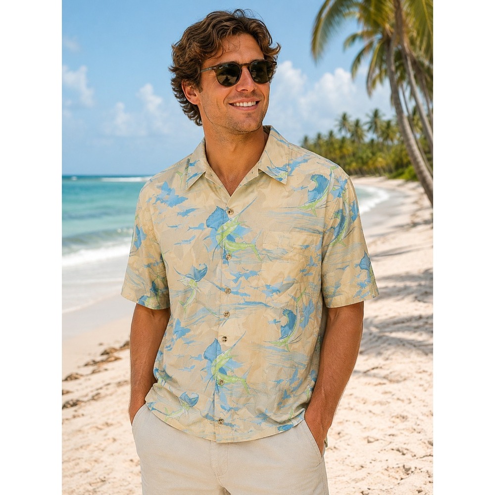 GUY HARVEY BY AFTCO Men's Medium Yellow Blue Green White Fish Short Sleeve -1333